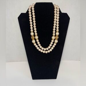 Richelieu Double Strand Pearl Gold Tone Necklace Foldover Clasp 9.5” Drop
